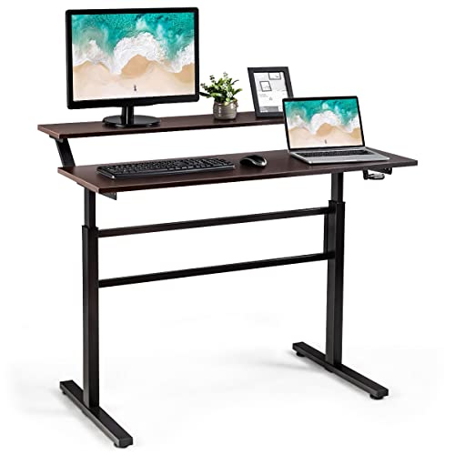 Mobile stehende Laptop-Desk-Konverter Mobile Multi 2-stufiger höhenverstellbarer Sitz-Steh-Schreibtisch mit Monitorständer und klappbarer Kurbel, ergonomischer Home-Office-Computertisch-Schreibarbeits von ZOAPDEBCE