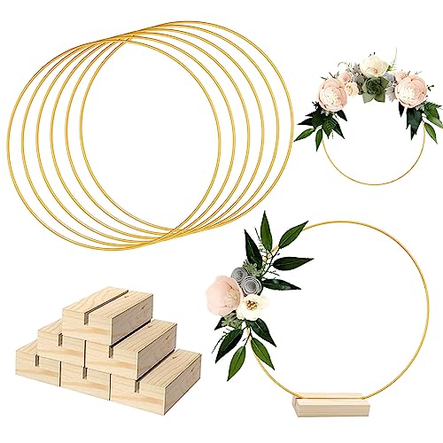 ZOCONE 6 Stück Metallringe Zum Basteln, Deko Ringe Gold, 30cm Ring Deko Blumen Mit 6 Stück Holzständern, Deko Blumen Metallring, Zum Basteln Für DIY Blumen-Makramee, Hochzeit Party Tischdekoration von ZOCONE