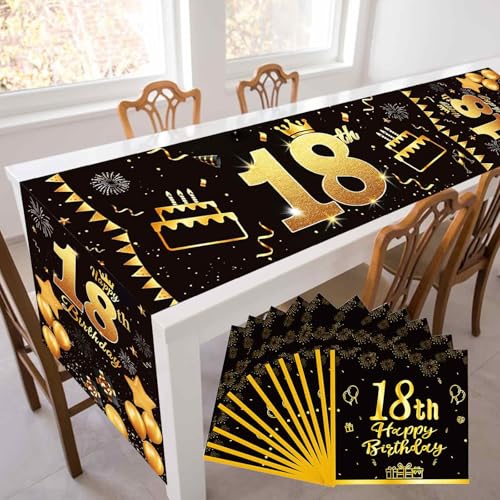 ZOCONE Tischläufer 18 Geburtstag Junge mit 20 Stück Servietten 18 Geburtstag Deko Tischdecke Schwarz Gold Party Tischdeko Geburtstag Tischbanner 18th Birthday Table Runner Leinen Geburtstagsdeko Tisch von ZOCONE