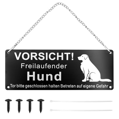 ZOCONE Achtung Hund Schild Set Freilaufender Hundeschilder Warnung mit Ketten Kabelbinder Schrauben, Selbstklebend Aluminium Aufhängbar Warnung vor dem Hund Schilder 10 * 25cm Schwarz Funktional von ZOCONE