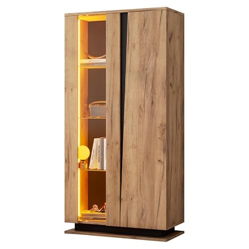 Moderne Vitrine LED-Beleuchtung, Mit Glastrennwänden, Wohnzimmermöbel mit 8 Regalen, Acryltüren, Großer Stauraum, 80 x 35 x 160 cm, Holzfarbe von ZODICK