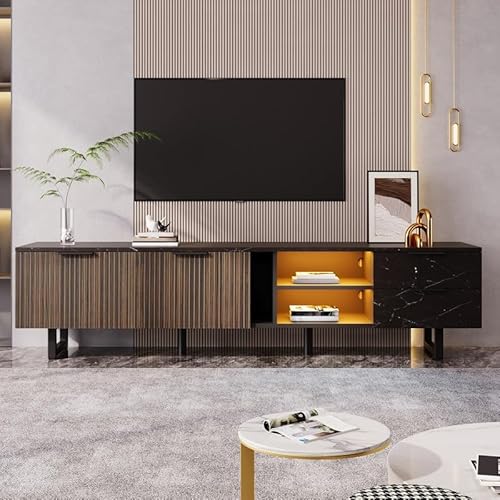 TV-Schrank mit einstellbarer LED-Beleuchtung, TV-Schrank in schwarzer Marmoroptik, Türen in dunkler Holzmaserung, TV-Möbel mit 2 Türen und 2 Schubladen, 200 x 38 x 50 cm, schwarz + Holzmaserung TV-Schrank mit einstellbarer LED-Beleuchtung, TV-Schrank in schwarzer Marmoroptik, Türen in dunkler Holzmaserung, TV-Möbel mit 2 Türen und 2 Schubladen, 200 x 38 x 50 cm, schwarz + Holzmaserung von ZODICK