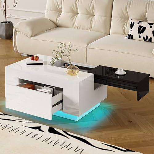 ZODICK Couchtisch Glänzender mit LED-Beleuchtung, ausziehbarer Tischplatte in Schwarz und Weiß, verstecktem Stauraum und 16 LED-Lichtfarben, für Wohn- oder Schlafzimmer, 90 × 55 × 35 cm von ZODICK