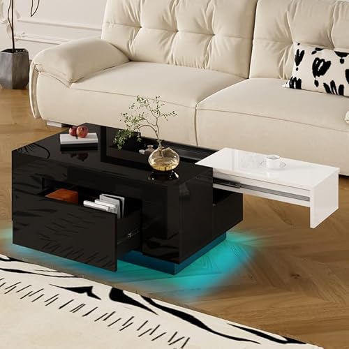 ZODICK Couchtisch Glänzender mit LED-Beleuchtung, ausziehbarer Tischplatte in Schwarz und Weiß, verstecktem Stauraum und 16 LED-Lichtfarben, für Wohn- oder Schlafzimmer, 90 × 55 × 35 cm von ZODICK