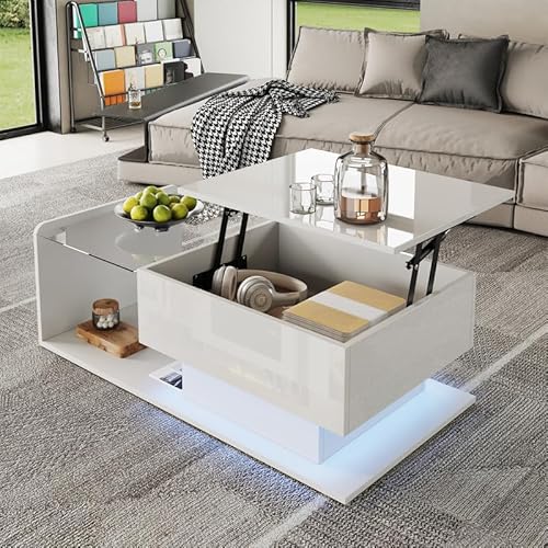 ZODICK Couchtisch Hochklappbarer, Couchtisch in glänzendem Weiß mit LED, mit Glasplatte und offenem Stauraum, Beistelltisch, 100 x 50 x 33–47,5 cm von ZODICK