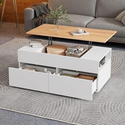 ZODICK Couchtisch Höhenverstellbarer, Wohnzimmertisch mit 2 Schubladen, mit verstecktem Stauraum, hochklappbare Tischplatte, Beistelltisch in Weiß + Holzfarbe, 100 x 50 x 40 cm von ZODICK