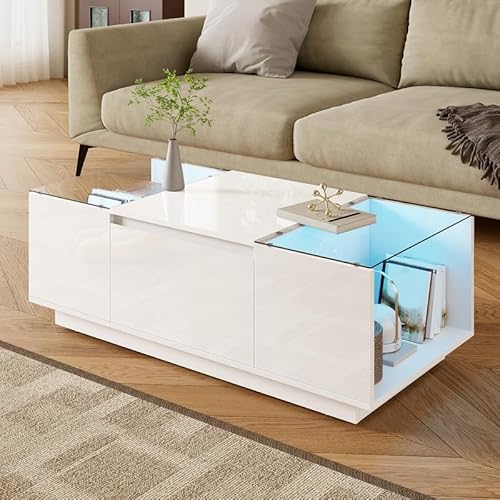 ZODICK Couchtisch Moderner, weiß glänzend, mit Stauraum, Glasplatte und 2 Schubladen, mit LED-Beleuchtung, 100 x 50 x 35 cm von ZODICK