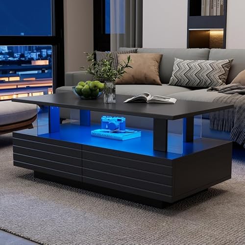 ZODICK Couchtisch Moderner mit LED-Beleuchtung, Acryl-Wohnzimmertisch mit Stauraumfunktion, rechteckiger Beistelltisch mit doppelter Ablagefläche und Steuerung über Bluetooth-App, schwarz von ZODICK