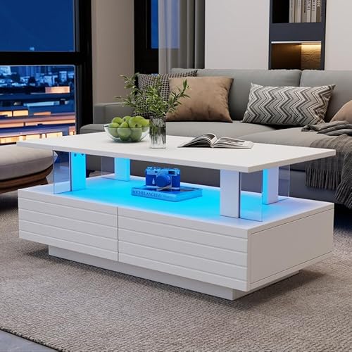 ZODICK Couchtisch Moderner mit LED-Beleuchtung, Acryl-Wohnzimmertisch mit Stauraumfunktion, rechteckiger Beistelltisch mit doppelter Ablagefläche und Steuerung über Bluetooth-App, weiß ZODICK Couchtisch Moderner mit LED-Beleuchtung, Acryl-Wohnzimmertisch mit Stauraumfunktion, rechteckiger Beistelltisch mit doppelter Ablagefläche und Steuerung über Bluetooth-App, weiß von ZODICK
