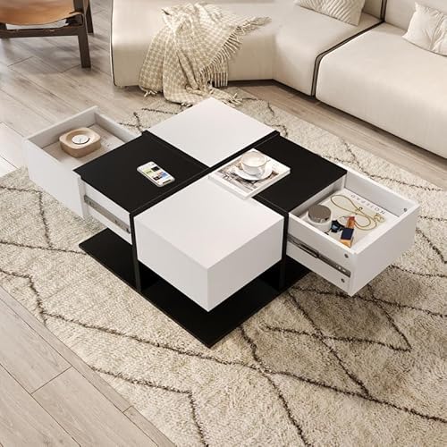 ZODICK Couchtisch Moderner schwarz-weißer mit 2 Schubladen, quadratischer Wohnzimmertisch mit Stauraum, hochglänzend, mit flexiblen Schubladenführungen, 70 × 70 × 35,5 cm von ZODICK