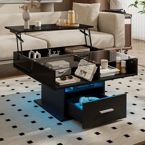 ZODICK Couchtisch Multifunktionaler Hochglanz mit LED-Beleuchtung, klappbarer Wohnzimmertisch, höhenverstellbar, Flexibler Stauraum, modernes Design, 78 x 78 x 45 cm, schwarz von ZODICK