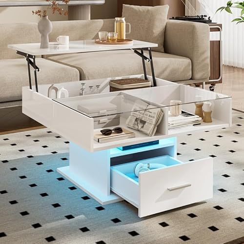 ZODICK Couchtisch Multifunktionaler Hochglanz mit LED-Beleuchtung, klappbarer Wohnzimmertisch, höhenverstellbar, Flexibler Stauraum, modernes Design, 78 x 78 x 45 cm, weiß von ZODICK