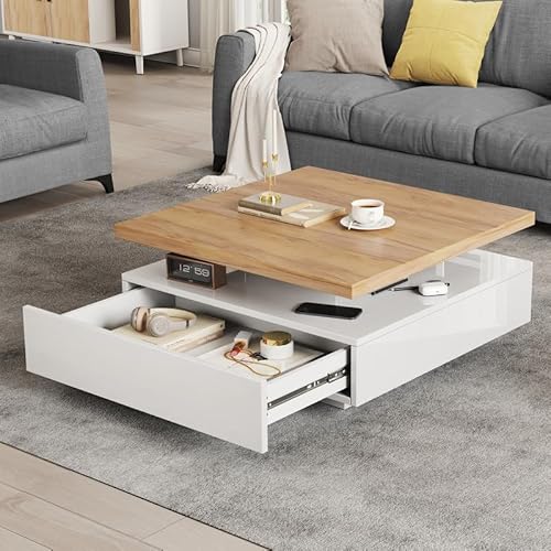 ZODICK Couchtisch Multifunktionaler quadratischer, um 360° drehbar, glänzend weißer Couchtisch mit Schubladen, Beistelltisch für das Wohnzimmer aus Nussbaumholz, 70 x 70 x 36 cm von ZODICK