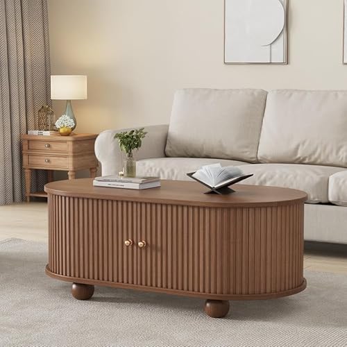 ZODICK Couchtisch Ovaler aus Nussbaumholz mit Stauraum, Couchtisch mit 360-Grad-Schiebetür, multifunktionaler Beistelltisch mit 4 Beinen, 100 x 50 x 40 cm von ZODICK