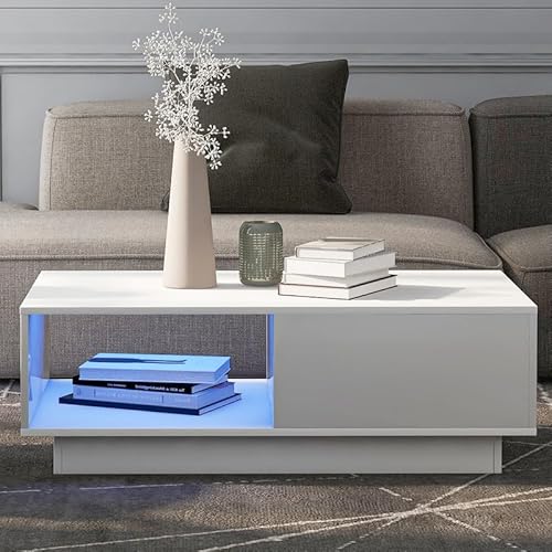 ZODICK Couchtisch Rechteckiger – Moderner Hochglanz-Wohnzimmertisch mit 15 LED-Lichtfarben, für Wohn- oder Schlafzimmer, 95 x 55 x 32 cm, weiß von ZODICK