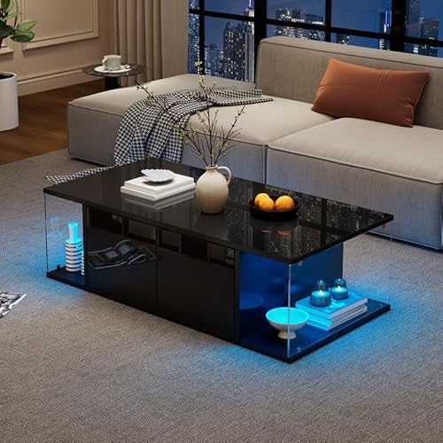 ZODICK Couchtisch mit LED, Couchtisch mit 2 Schränken, gehärtetes Glas, glänzendes Design, Beistelltisch in modernem Design, 100 x 50 x 30 cm, schwarz von ZODICK
