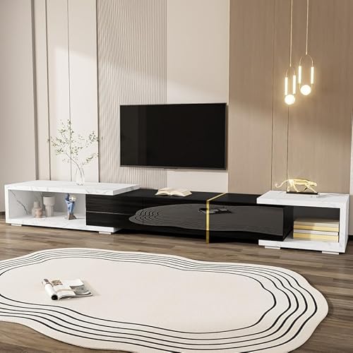 ZODICK Moderner TV-Schrank mit Variabler Länge (140–260 cm), multifunktionaler TV-Schrank mit Stauraum und Schwenkfunktion, für das Wohnzimmer, schwarz marmoriert von ZODICK