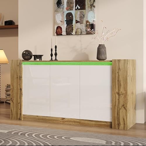 ZODICK Sideboard Wohnzimmer 150x40x70.5cm,Kommode mit 6 Fächern & 3 Türen,Anrichteschrank Buffetschrank Küchenschrank, verstellbare Ablagen, mit LED Lichtleiste,Schrank modern,Weiß und Holz von ZODICK