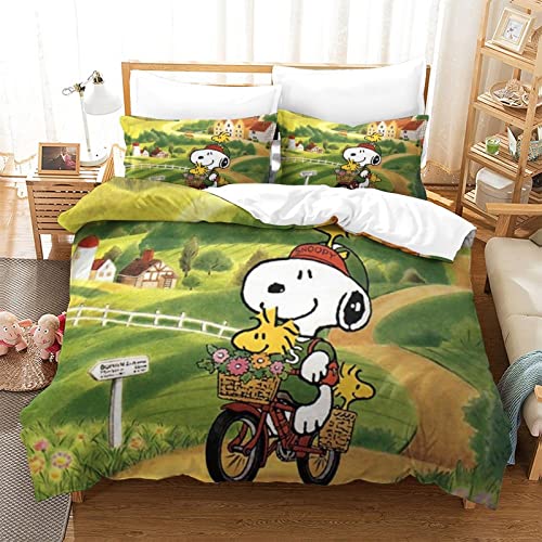 ZOENAE Snoopy Bettbezug-Set Bettbezug Anime Cartoon Bettwäsche Bettset mit Kissenbezügen Schlafzimmerdekoration 3-teiliger Bettbezug, Einzelbett (135 x 200 cm) von ZOENAE