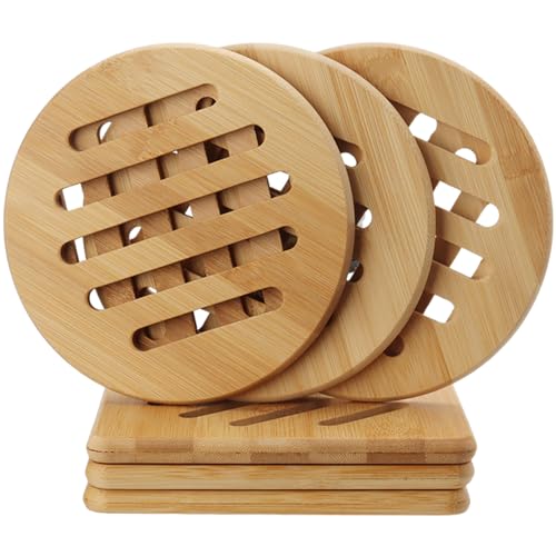 ZOENHOU 6 Stück Hitzebeständiger Topfuntersetzer Bambus14,8 cm, Quadratisch und Rund, Rutschfestes Waschbar Untersetzer für Kochtöpfe, Pfannen, Geschirr und Besteck, Bambus, Holzfarbe von ZOENHOU