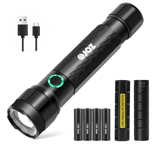 ZOFO 1500 Lumen LED Hybrid Taschenlampe, USB Aufladbar/AAA Dual Batterie Taschenlampen, 200m, 3 Modi Strobe Modus, Zoombar, Wasserdicht Super Helle Taschenlampe für Zuhause Camping Wandern Outdoor von ZOFO