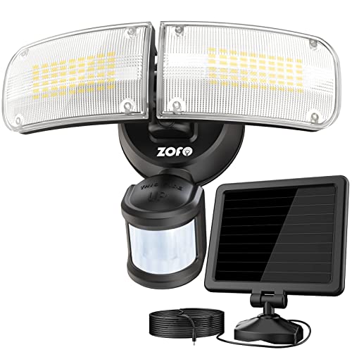 ZOFO 1800LM Solarlampen für Außen mit Bewegungsmelder, Solar LED Strahler Lamp mit Bewegungsmelder Außen IP65 Wasserdicht, Solar-Sicherheitsleuchte Außen 5000K, 5m Kabel 2 Köpf, Schwarz von ZOFO