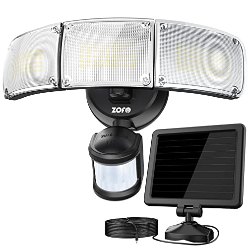 ZOFO 2300LM Solarlampen für Außen mit Bewegungsmelder, Solar LED Strahler Lamp mit Bewegungsmelder Außen IP65 Wasserdicht, Solar-Sicherheitsleuchte Außen 5000K, 5m Kabel 3 Köpf, Schwarz für Garage von ZOFO