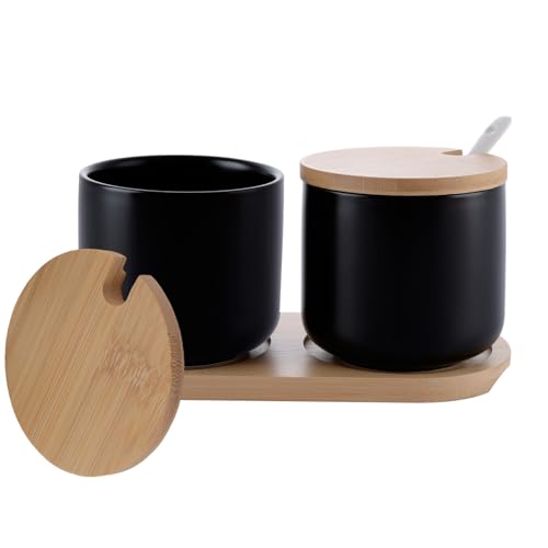 ZOFUN 2er Set Zuckerdose Gewürzdose aus Keramik mit Löffel und Deckel aus Bambus, 260 ml Keramik Vorratsdose Schwarz, Zuckerdose Gewürzdose aus Keramik für Mehl, Kaffee, Müsli oder Badutensilien ZOFUN 2er Set Zuckerdose Gewürzdose aus Keramik mit Löffel und Deckel aus Bambus, 260 ml Keramik Vorratsdose Schwarz, Zuckerdose Gewürzdose aus Keramik für Mehl, Kaffee, Müsli oder Badutensilien von ZOFUN
