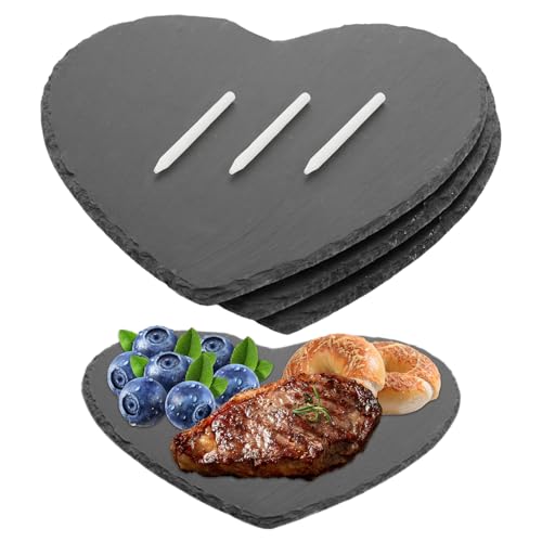 ZOFUN 3 Stück Schieferplatte Servierplatte, 25x25CM Servierplatten aus Schiefer Herz, Schieferplatten Herz, schiefer untersetzer zum Servieren, Beschriften, Schieferherzen für Buffet, Sushi und Käse von ZOFUN