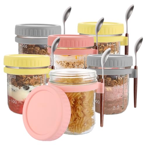 ZOFUN 350ml/334.5 g Overnight Oats Jars 6er Pack, Glasdose mit Löffel, Overnight Oats Container mit Messmarkierungen, Glas Einmachgläser für Overnight Oats, Grau, Gelb, Rosa von ZOFUN