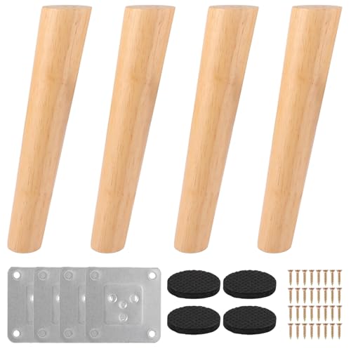 ZOFUN 4 Stück Möbelfüße Holz, 25cm Holz Tischbeine Massivholz Schräg Konisch Ersatz Möbelfüße, Schrank füße Möbelbeine mit Montageplatten & Schrauben für Sofa Bett Schrank Couch Stuhl von ZOFUN