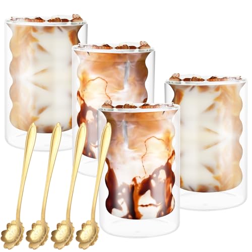 ZOFUN 4 Stück doppelwandige Kaffeetassen 330 ml, 8 x 12 cm, Doppelglas-Kaffeetassen mit Löffeln, isolierte Latte-Tassen, Borosilikat, hitzebeständige Kaffeetassen für Kaffee, Tee, Milch, Saft, Eis von ZOFUN