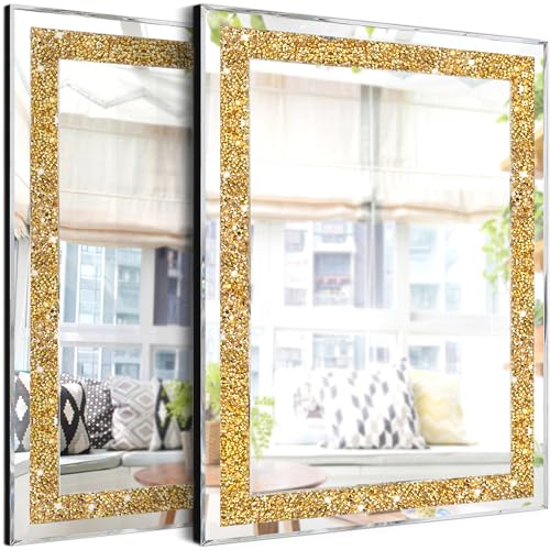 ZOLAPI 2 Stück Kristall-Strass-Diamant-Wandspiegel. Brillanter handgespleißter Glasspiegel. Goldfarbener Akzentspiegel für Flur/Badezimmer/Schlafzimmer (27,9 x 38,1 cm) von ZOLAPI