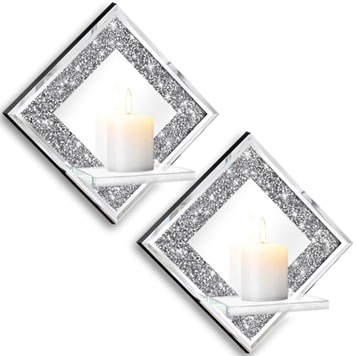 ZOLAPI Kristall-Crush-Diamant-Kerzenhalter im 2er-Set, Diamant, Silber, verspiegelte Kerzenleuchter, Wanddekorationen für Wohnzimmer, Esszimmer und Schlafzimmer von ZOLAPI