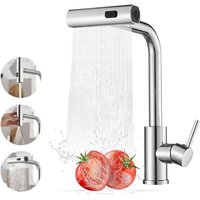 Wasserfall-Küchenarmatur, 360° drehbare Küchenmischbatterie mit Sprüher, Hochdruck mit Einzelhebel und 3 Sprühmodi, Edelstahl, galvanisiertes Silber Wasserfall-Küchenarmatur, 360° drehbare Küchenmischbatterie mit Sprüher, Hochdruck mit Einzelhebel und 3 Sprühmodi, Edelstahl, galvanisiertes Silber von ZOLGINAH