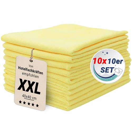 ZOLLNER 100er Set Mikrofasertücher für streifenfreien Glanz - flusenfreie und saugstarke Reinigungstücher - waschbar bis 60°C - 40x40cm in gelb - Hotelqualität von ZOLLNER