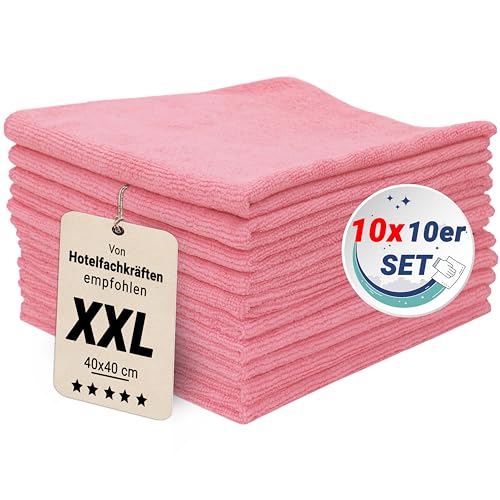ZOLLNER 100er Set Mikrofasertücher für streifenfreien Glanz - flusenfreie und saugstarke Reinigungstücher - waschbar bis 60°C - 40x40cm in rosa - Hotelqualität von ZOLLNER