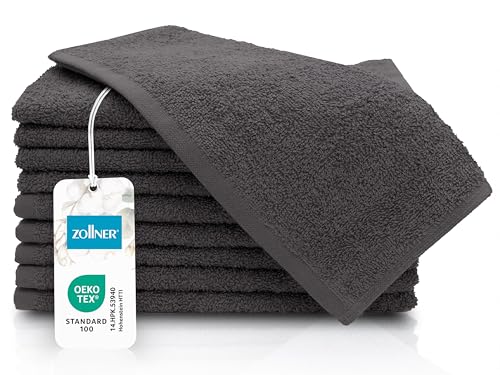 ZOLLNER 10er Set Gästehandtücher - kleine und Flauschige Handtücher in 30x50 cm - waschbar bis 60°C - Baumwolle - in Graphit - Hotelqualität - Oeko Tex® Zertifiziert von ZOLLNER