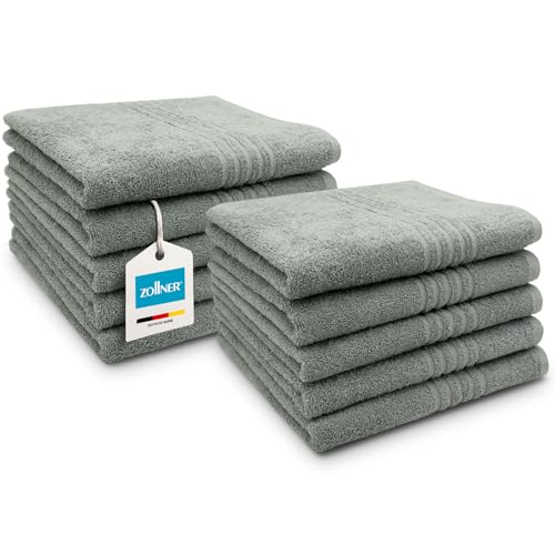 ZOLLNER 10er Set Handtücher in 50x100 cm - saugstarke Badetücher in grau - mit praktischem Aufhänger - mit eleganten Tiefgangstreifen - waschbar bis 60°C - Baumwolle - Hotelqualität von ZOLLNER