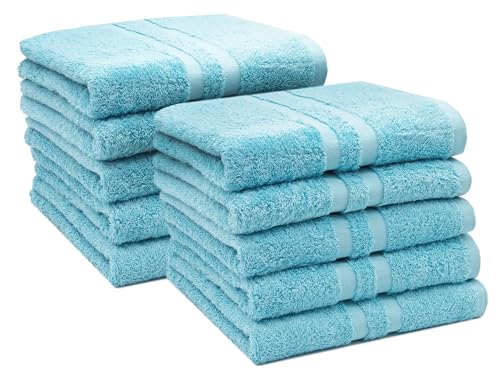 ZOLLNER 10er Set Handtücher in 50x100 cm - Flauschige Duschtücher aus Baumwolle - mit moderner Streifenbordüre - bis 60°C waschbar - mit praktischem Aufhänger - in blau - Hotelqualität von ZOLLNER