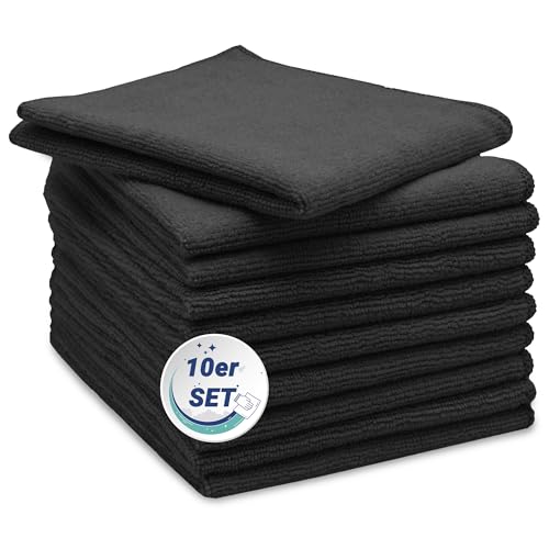 ZOLLNER 10er Set Mikrofasertücher für streifenfreien Glanz - flusenfreie und saugstarke Reinigungstücher - waschbar bis 60°C - 32x32cm in schwarz - Hotelqualität von ZOLLNER