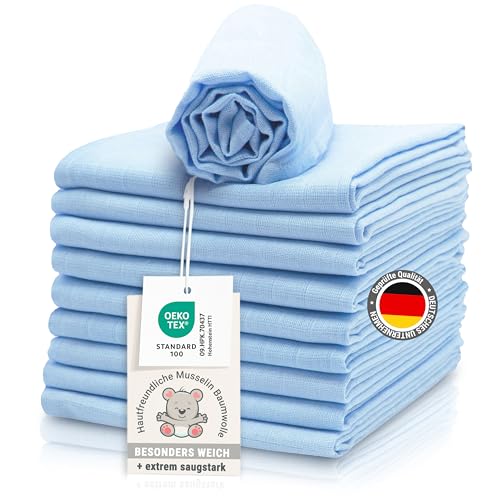 ZOLLNER 10er Set Musselin Spucktücher in 70x70 cm aus Baumwolle - hautfreundliche Mulltücher - besonders weich und extrem saugstark - waschbar bis 60°C - in hellblau von ZOLLNER