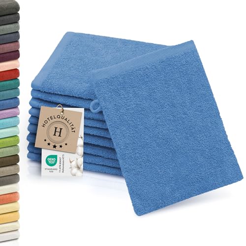 ZOLLNER 10er Set Waschlappen - weiche und saugstarke Waschhandschuhe - waschbar bis 95°C - Baumwolle - 16x21 cm in blau von ZOLLNER