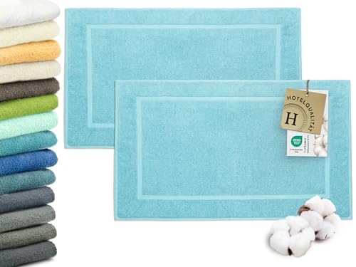 ZOLLNER 2er Set Badematten in 50x80 cm - besonders saugstarke und weiche Badvorleger in blau - mit Tiefgangstreifen und Webrahmen - Baumwolle - Hotelqualität von ZOLLNER