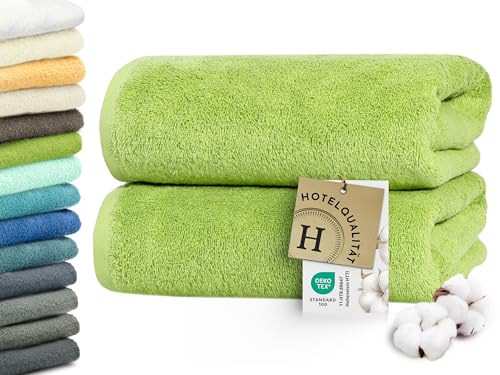 ZOLLNER 2er Set Badetücher in 100x150 cm - besonders weiche und saugstarke Saunatücher in grün - mit praktischem Aufhänger - waschbar bis 95°C - Baumwolle - Hotelqualität von ZOLLNER