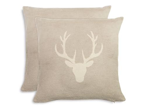 ZOLLNER 2er Set Kissenbezüge in 50x50 cm - Flauschige und weiche Kissenhüllen in beige - stilvolle Hirschkopfeinwebung - Mischgewebe - waschbar bis 40°C – Oeko Tex® Zertifiziert von ZOLLNER