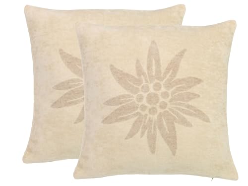 ZOLLNER 2er Set Kopfkissenbezug mit Edelweißmotiv 60% Baumwolle, 40% Polyacryl, Beige von ZOLLNER