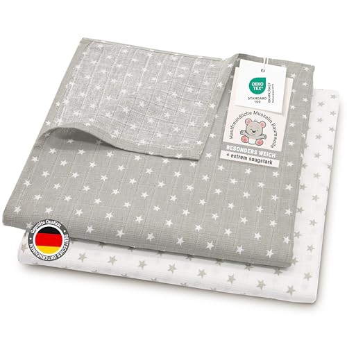 ZOLLNER 2er Set Musselin Spucktücher in 120x120 cm aus Baumwolle - hautfreundliche Mulltücher mit süßen Sternen - besonders weich und saugstark - waschbar bis 60°C - in grau weiß von ZOLLNER