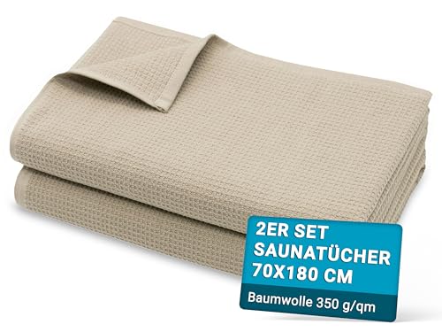 ZOLLNER 2er Set Saunatücher in 70x180 cm - langlebige Badetücher in beige - mit praktischem Aufhänger - Zeitloses Waffelmuster - waschbar bis 95°C - Baumwolle - Hotelqualität von ZOLLNER