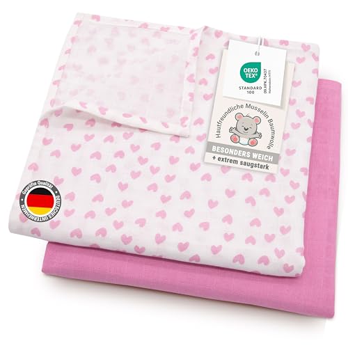 ZOLLNER 2er Set Musselin Spucktücher in 120x120 cm aus Baumwolle - weiche und hautfreundliche Mulltücher in rosa - mit Geschenkbox - waschbar bis 60°C - Oeko Tex® Zertifiziert von ZOLLNER